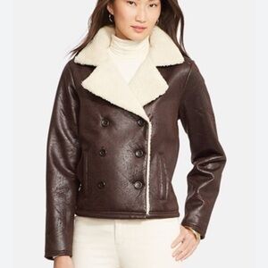 Ralph Lauren Dark Brown Shearling-Lined Leather Jacket with Cream Collar